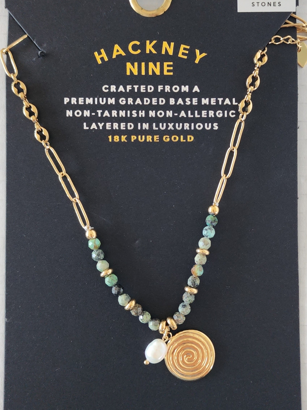 House of Hackney Gold Layered Necklace with Green Beads & Pearl Charm Pendant
